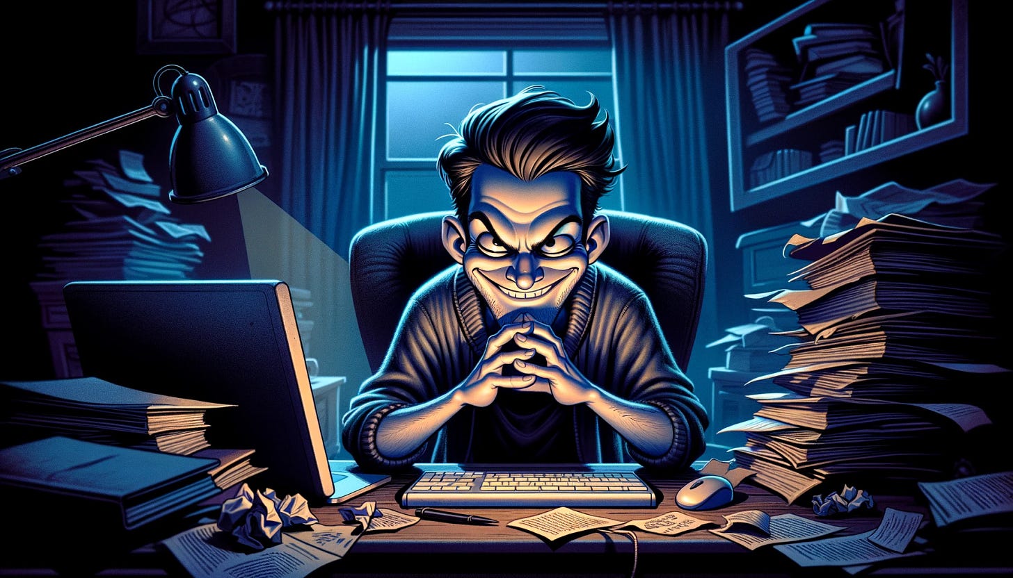 A cartoon image of a mischievous blogger with ill intentions. The scene shows a dimly lit, cluttered room, setting a slightly ominous atmosphere. The blogger is depicted with exaggerated features such as a sly grin, narrowed eyes, and hands rubbing together, symbolizing mischief. They are sitting in front of a computer, with the screen showing a blog post in progress that has a mysterious and vague title. The room is filled with scattered papers, books, and dim lighting, adding to the secretive vibe. The image should convey a sense of mischief and cunning without being overly menacing.