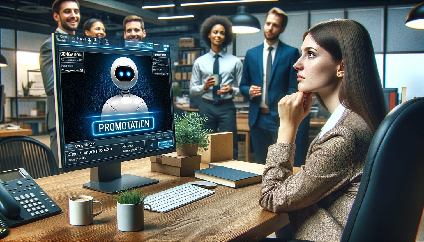 A woman sitting at her desk in a tech office, looking thoughtfully at a screen displaying an AI interface named 'EquitAI'. The screen shows a promotion notification. The office background shows a mix of technology and traditional office elements, with colleagues in the background having varied expressions, some congratulatory, others skeptical. The image captures the complexity and emotion of receiving a promotion from an AI system in a modern workplace.