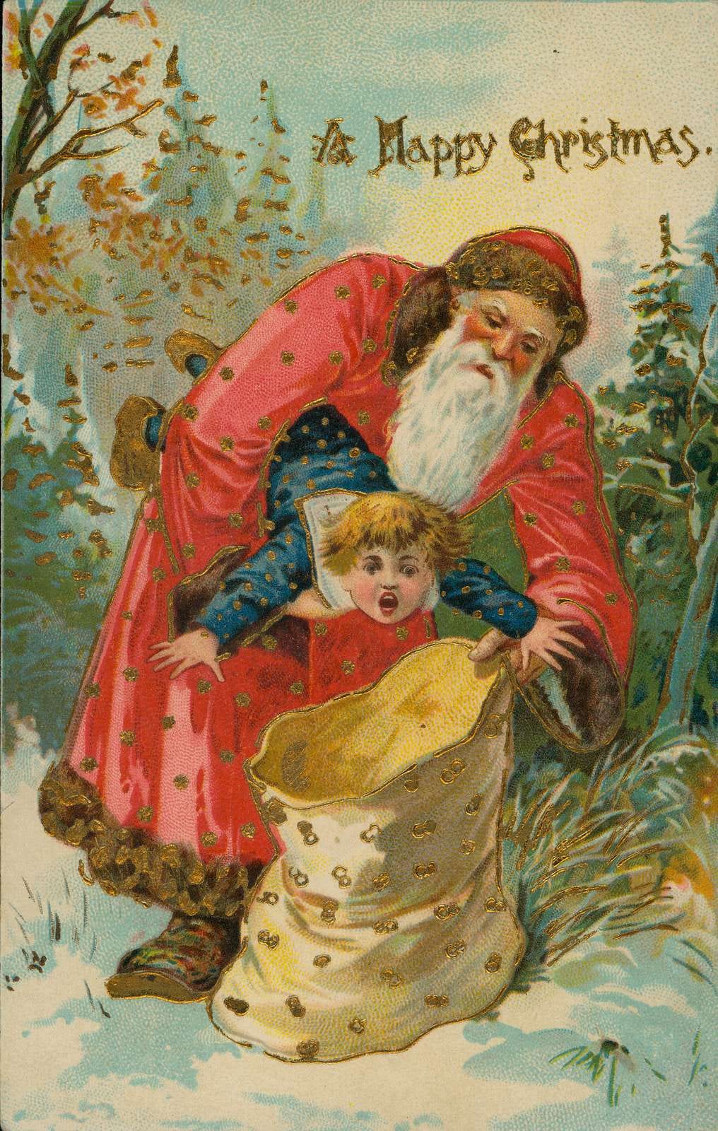 Vintage illustration of Santa Claus attempting to stuff a frightened boy into a sack.