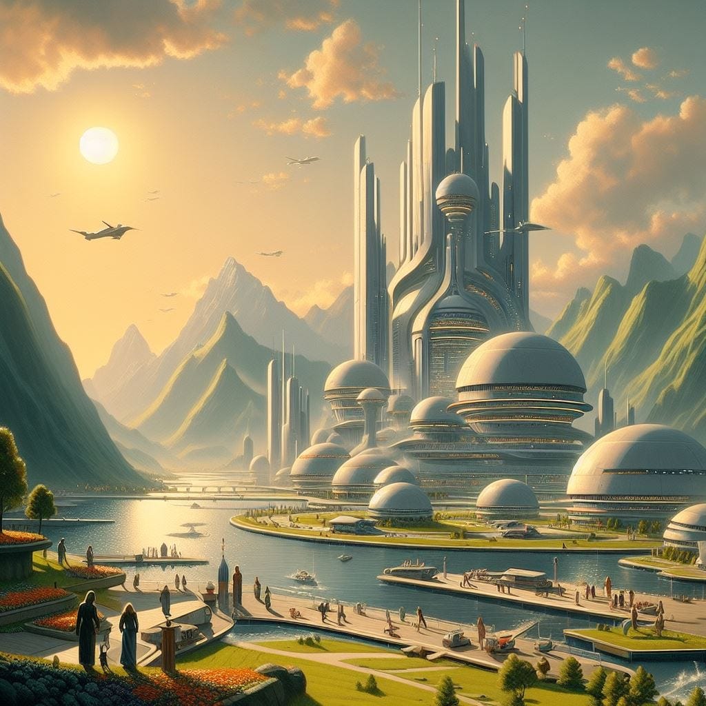 A futuristic utopia in the style of artist Ralph McQuarrie