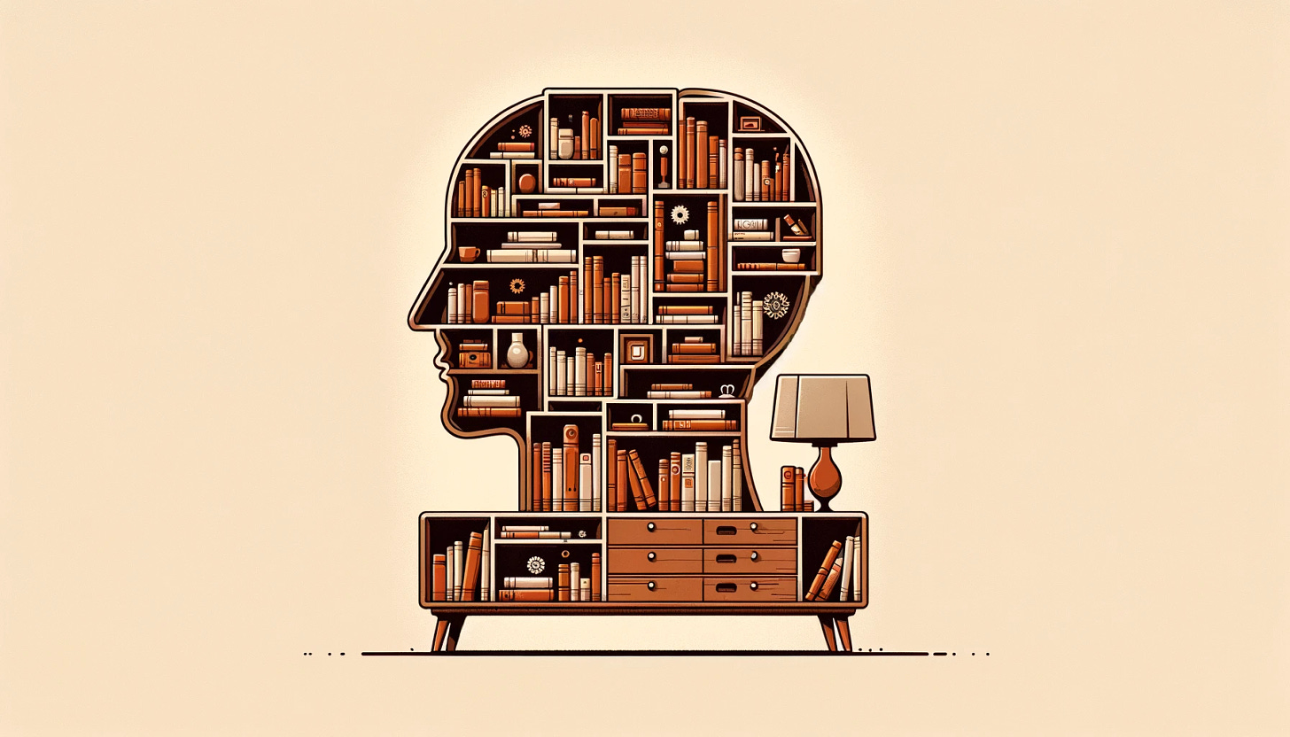 Create a minimalist and vector illustration of a unique and thoughtful bookshelf. This bookshelf is not just an ordinary piece of furniture but is designed in a way that it inspires thinking and creativity. It's filled with a diverse collection of books, some of which are visibly worn from frequent use, indicating their value to the owner. The shelves themselves are crafted in an imaginative way, perhaps with uneven spacing or interesting shapes, symbolizing the non-linear path of thought and discovery. The color scheme should be warm and inviting, using earth tones to create a cozy and intellectual atmosphere. This illustration is intended to capture the essence of a bookshelf that aids in the owner's thinking process, making it a central and cherished part of a study or living space.