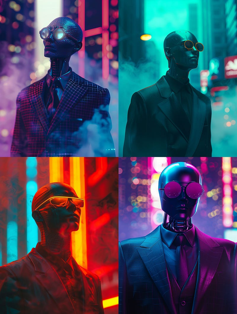Sleek robotic android in a suit and sunglasses
