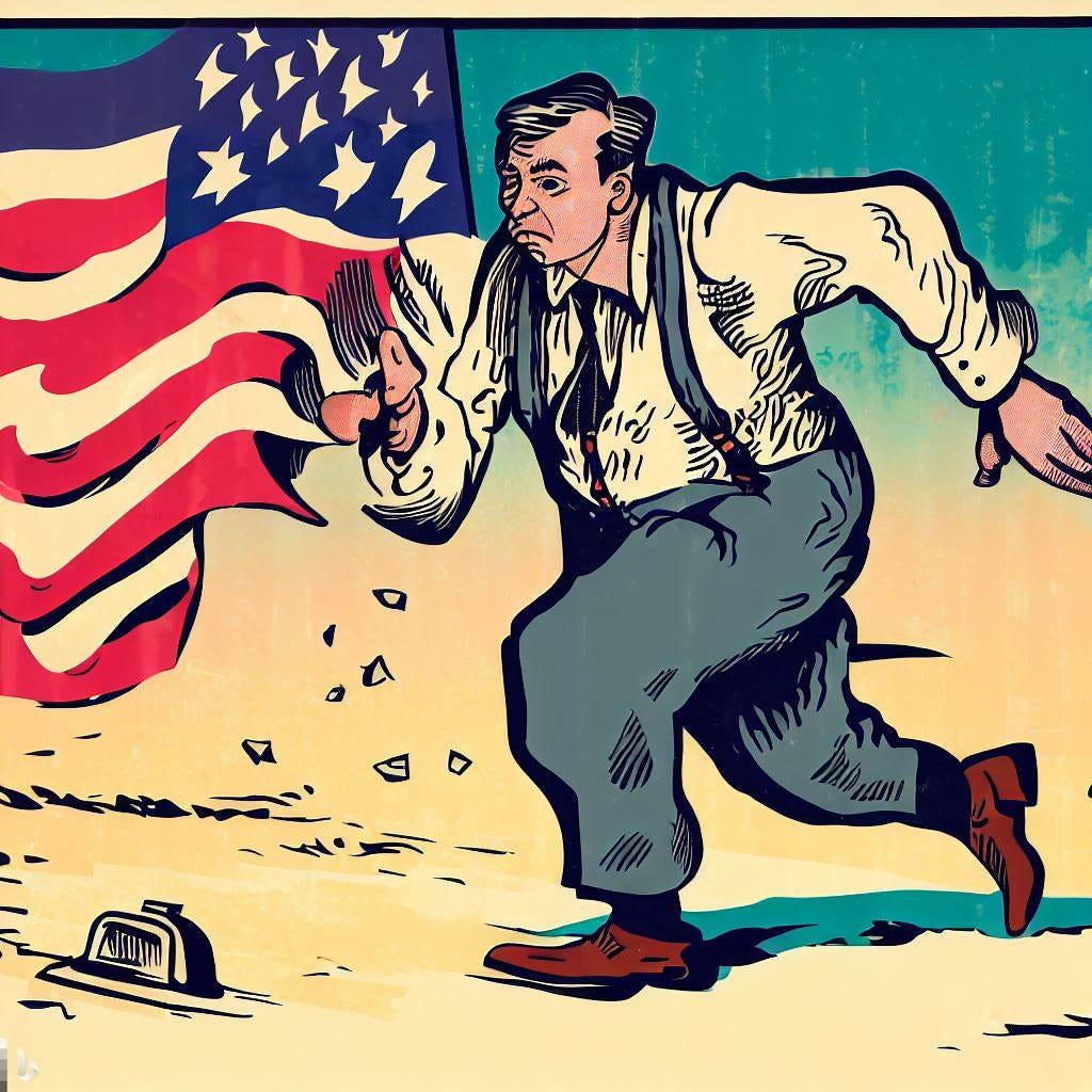 A sad presidential candidate runs out of money, cartoon, 1930s style, patriotic colors
