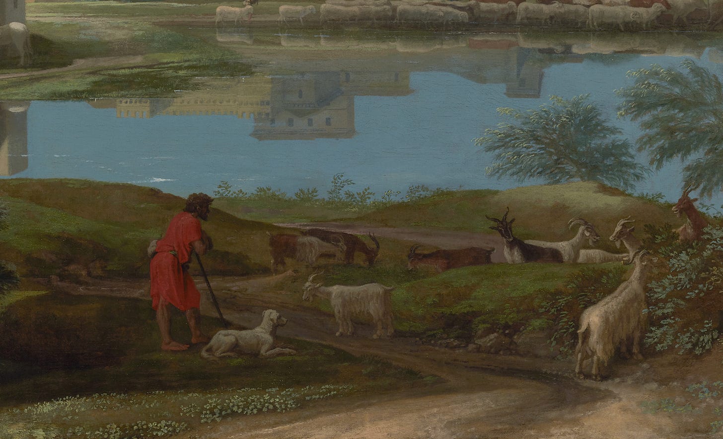 Detail of the painting Landscape With a Calm by Nicholas Poussin, showing a goatherd in a red tunic with his animals gazing out over the lake.