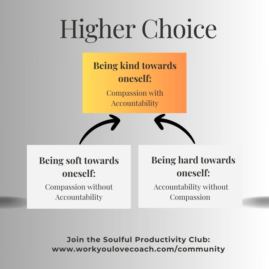 Two bad choices: being too soft or too hard on oneself. Higher choice: being kind towards onself (combining compassion and accountability). 