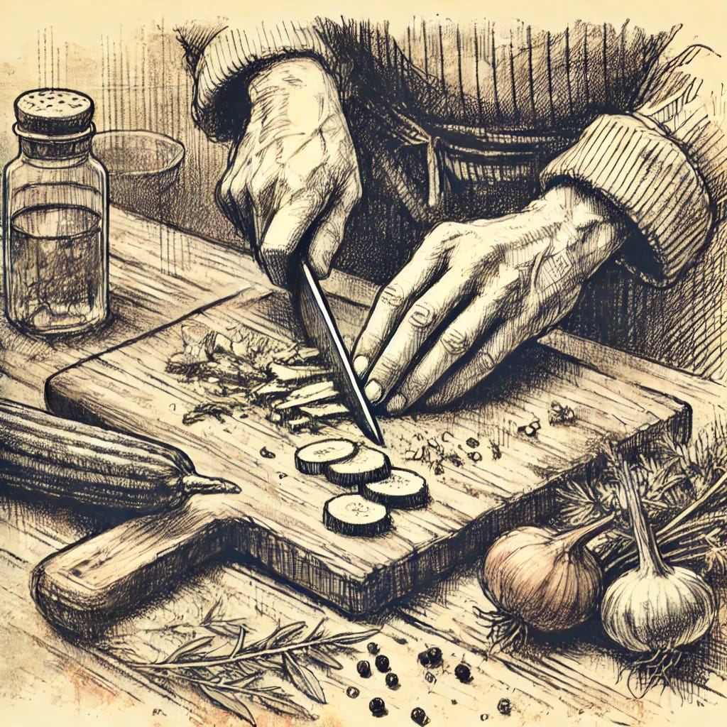 A rustic sketch-style illustration of hands preparing food. The hands are busy chopping vegetables on a wooden cutting board with a rustic kitchen background. The sketch is drawn in a hand-drawn style with charcoal or pencil textures, focusing on earthy tones and fine, expressive lines to convey a warm, nostalgic atmosphere.