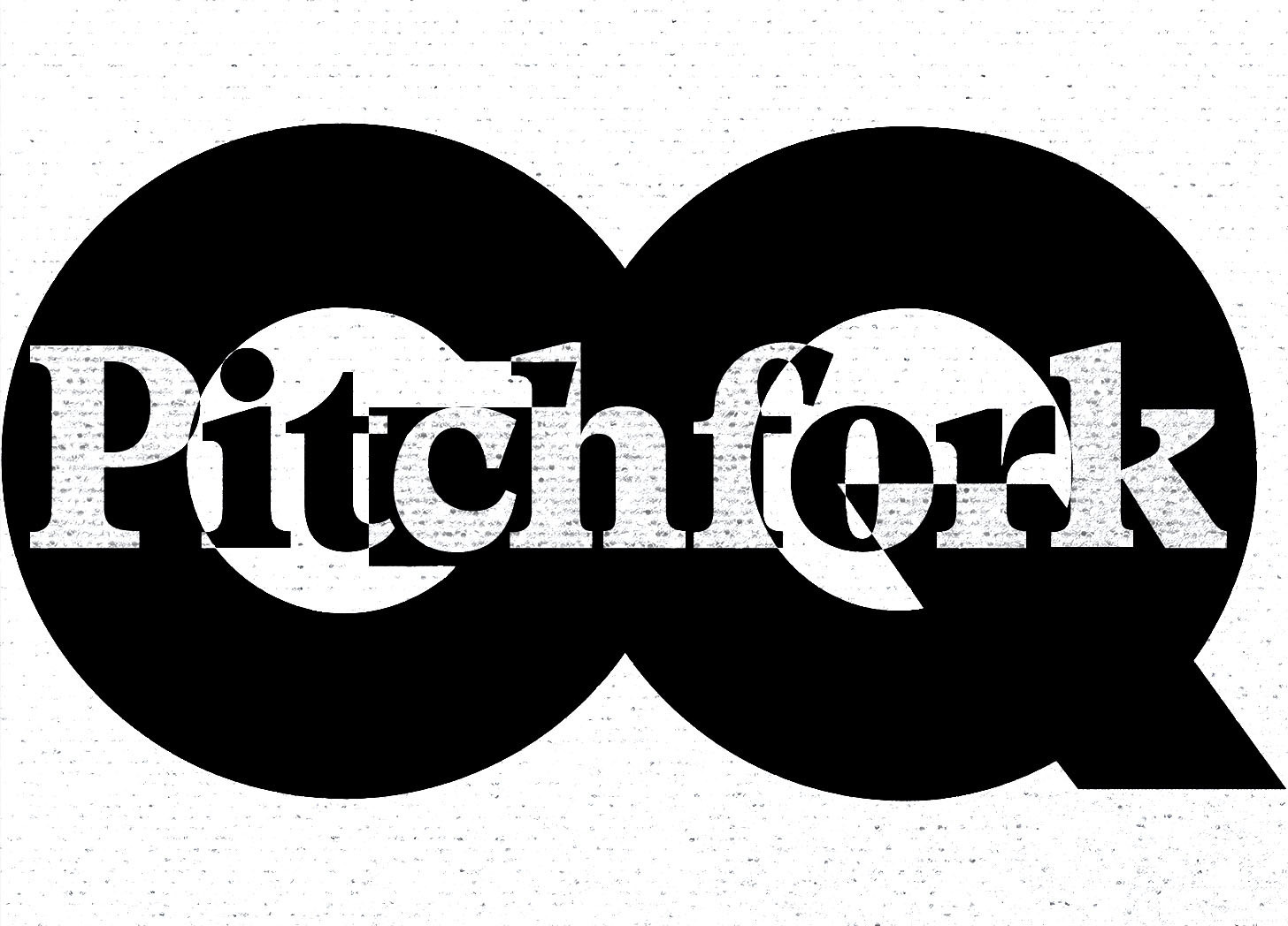 Black-and-white logo for Pitchfork is layered on top of the GQ logo in black. Both are against a white background with gray speckles