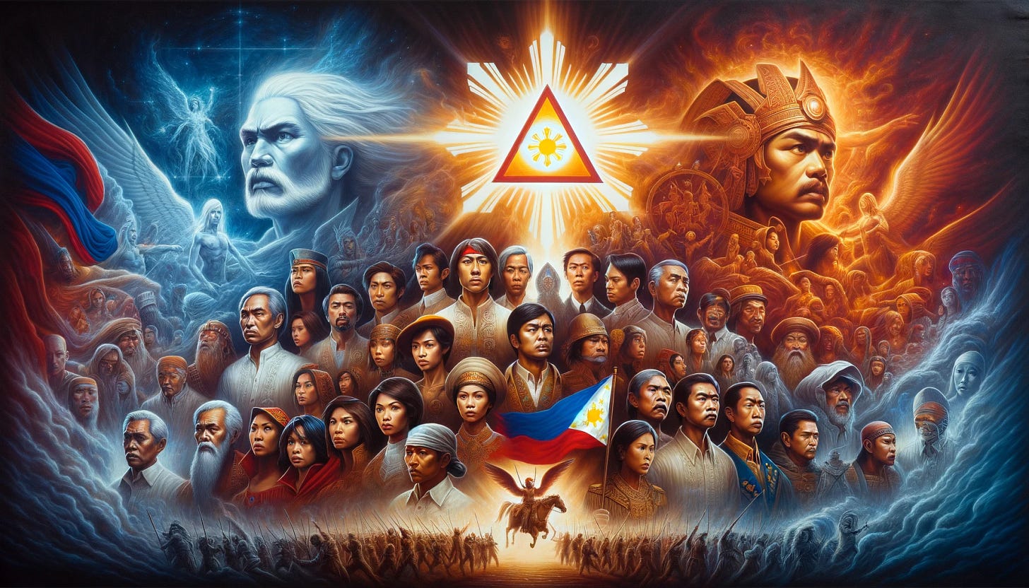 Create a historical mural in the style of 1970s epic movie posters, featuring heroic faces reflecting Filipino culture. In the foreground, a diverse array of Filipino heroes are portrayed with determined expressions, ranging in gender and descent, each adorned with traditional and symbolic attire to represent their historical significance. The background is dominated by a large triangle, a prominent symbol of the Philippines, with elements such as the sun and stars incorporated into its design. Behind the heroes, two ghostly and ephemeral titans loom, representing elemental forces of ice and fire, their outlines subtle yet discernible against a backdrop that suggests Filipino mythology. The entire composition is filled with vibrant colors and dynamic lighting to emphasize the grandeur and heroism of the scene.