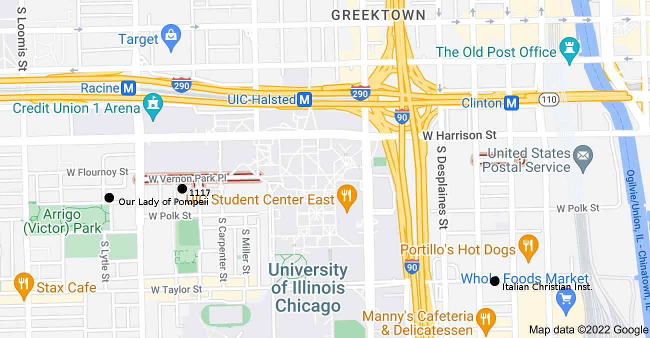 Google Map of the area of Chicago where the Italian first settled with dots added to mark the location of 117 West Vernon Place, Our Lady of Pompeii church, and the Italian Christina Institute.