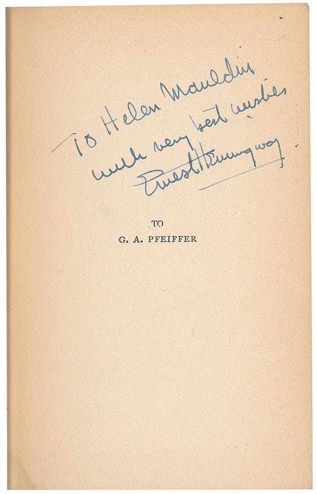 Hemingway Signed Wartime Classic A Farewell to Arms | Ernest Hemingway