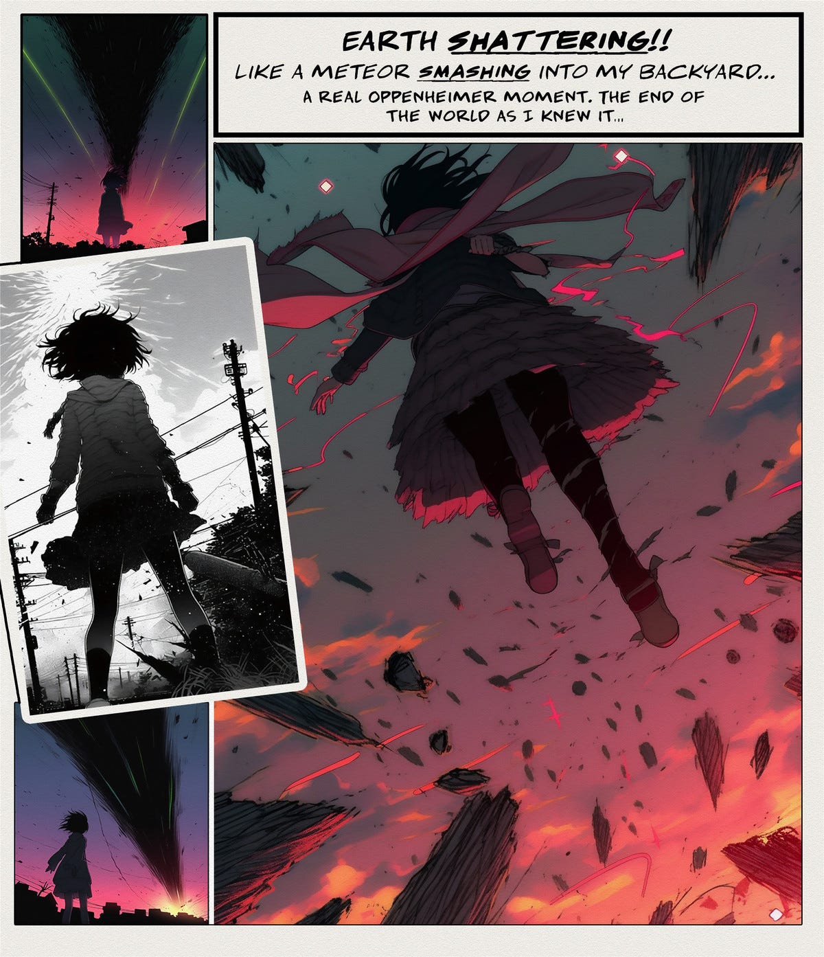 "Like a Meteor Smashing into My Backyard," original manga illustration by the author. 4 panels show a young woman observing a falling meteor and finally exploding her into space. Pinks, neon blues, and purples.