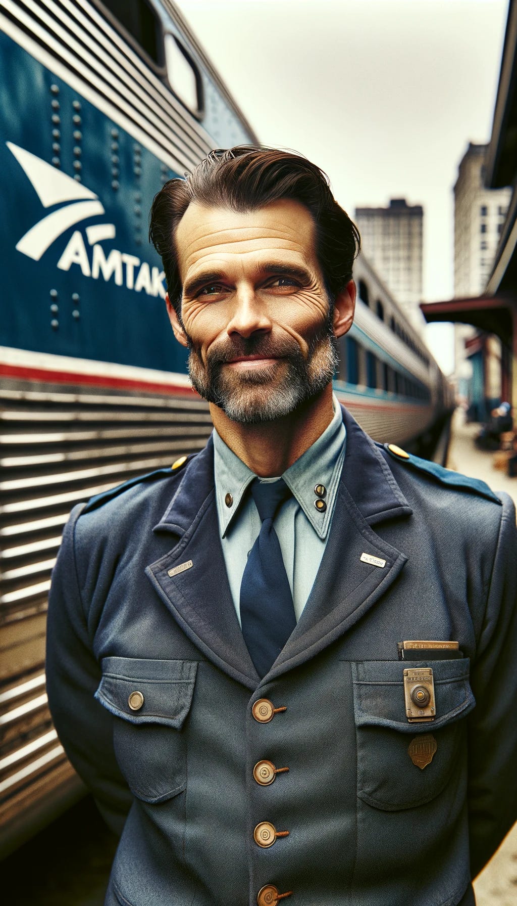A rugged, blue-collar Amtrak train conductor named Johnny, embodying a tough but kind-hearted persona. He has a strong build, a friendly face, and is dressed in a traditional conductor's uniform. His expression is kind and welcoming, reflecting his heart of gold. He's standing in front of a train, with elements indicating a Boston setting in the background. The image captures the essence of a hardworking individual with a warm, approachable demeanor, typical of Boston's working-class spirit.