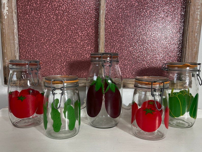 The Cannery Hinged Glass Jars/Canisters, Vegetables, Eggplant, Green Bell Pepper, Tomato and Cucumber, Arc Made In France image 1