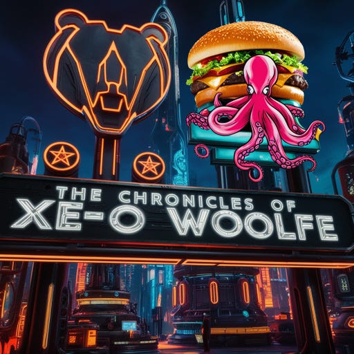 A bear glyph and a glyph of an octopus in a burger on a cyberpunk-steampunk sign in a futuristic metropolis. The sign has the exact phrase "The Chronicles of Xeo Woolfe". The image is to be optimised to print on black fabric merchandise.