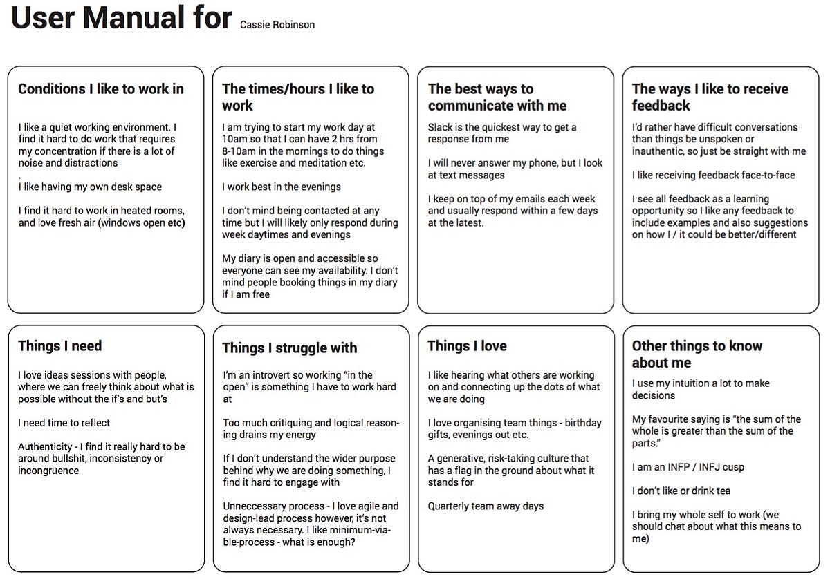A user manual for me. There are lots of ways to build good… | by Cassie  Robinson. | Medium