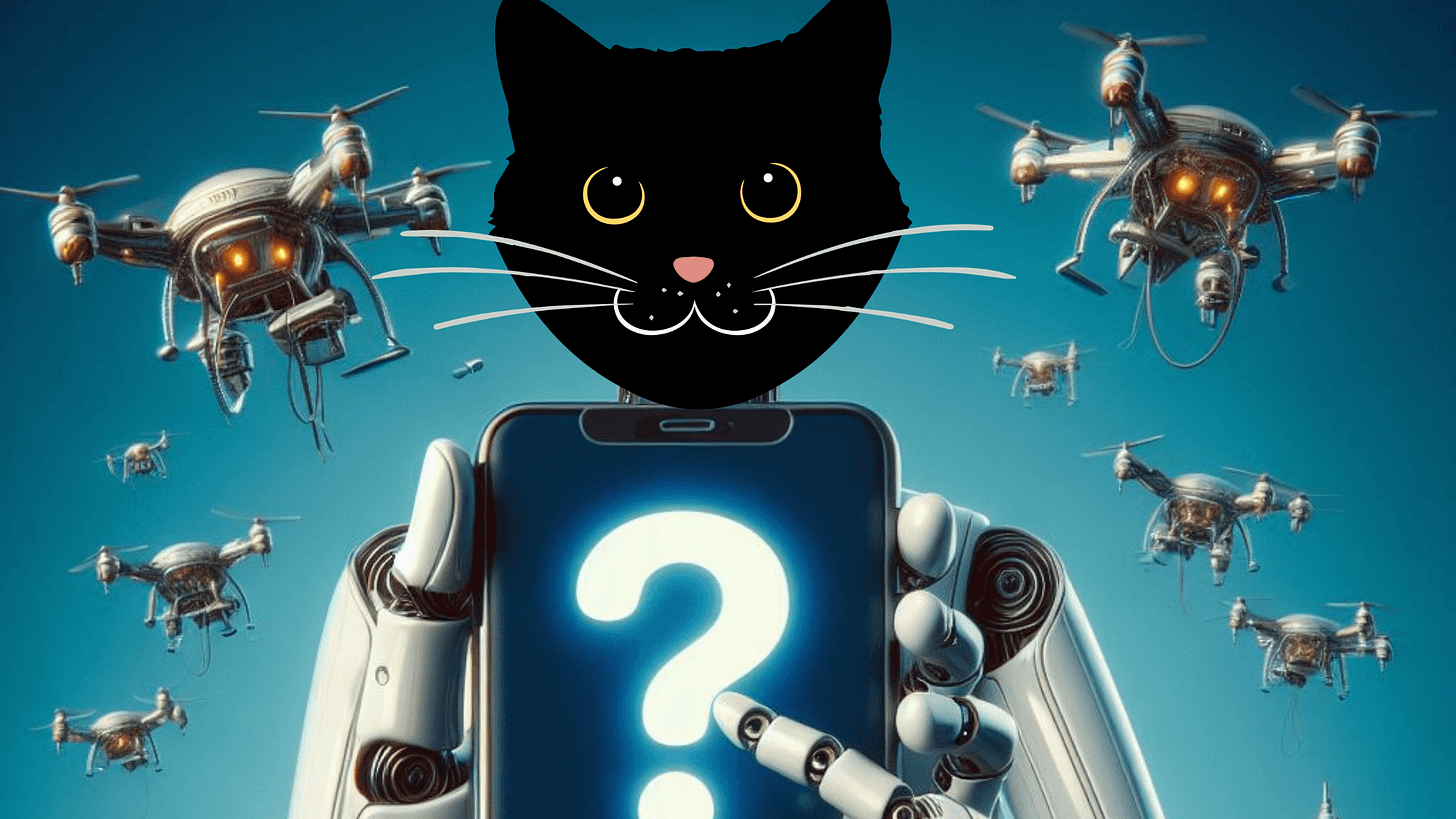 Image of robot cat and a smartphone surrounded by drones