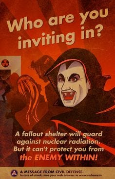 This may contain: a poster with an evil clown saying who are you inviting in?, against nuclear radiation but if can protect you from the enemy within