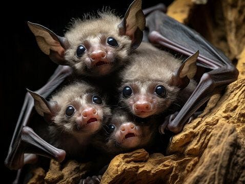 Several Baby Bats Playing Together in Nature
