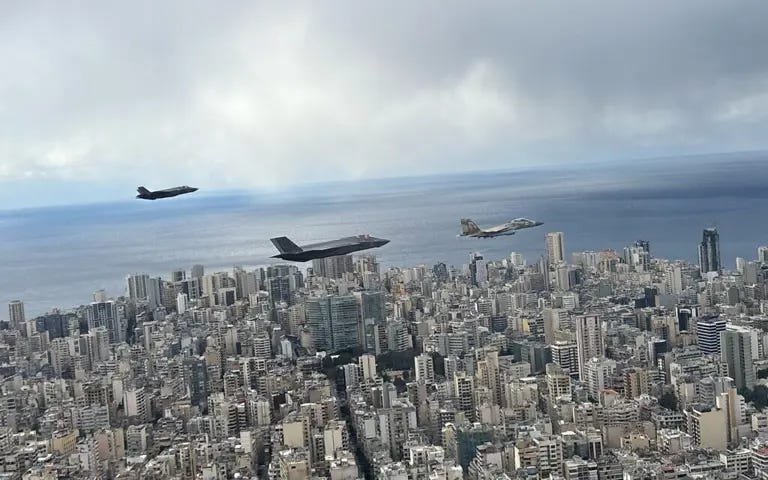Israeli Air Force fighter jets fly over the funeral ceremony for Hezbollah leader Hassan Nasrallah in Beirut, February 23, 2025. (Israel Defense Forces)