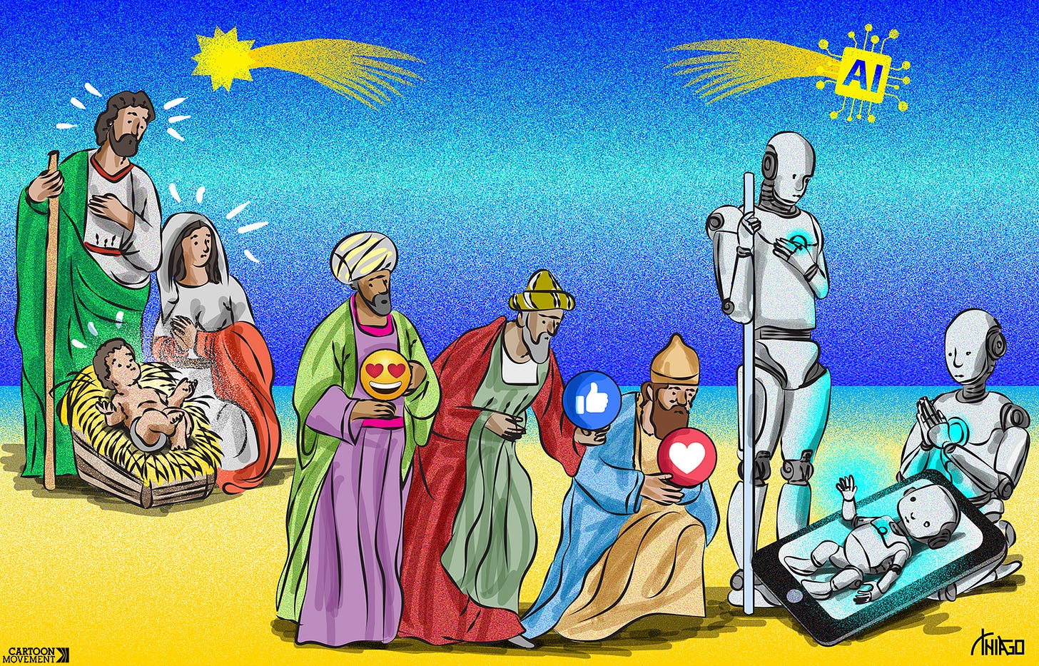 Cartoon showing baby Jesus and Joseph and Mary looking surprised as the three kings ignore them to go instead to a robot baby tended by robot parents. Instead of the usual gifts, the kings are carrying emoticons of a hear smiley, a heart and a like. In the sky there is a star above baby Jesus, and a star labeled AI above the robot baby.