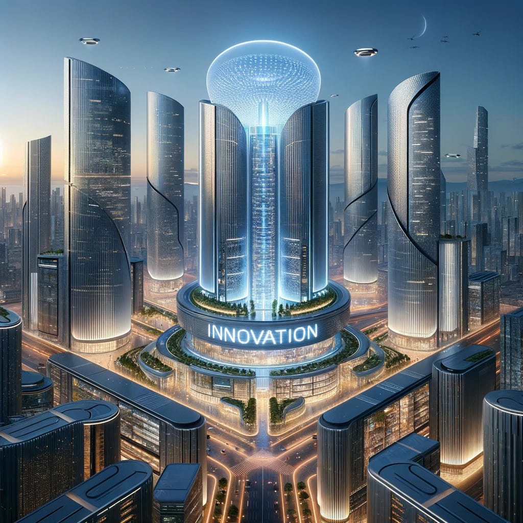 Visualize a cutting-edge cityscape set in the distant future, with towering skyscrapers featuring sleek, curvilinear designs and shimmering glass surfaces. In the center stands a majestic building emblazoned with the word 'Innovation' in luminescent, bold lettering. This building emits a radiant, translucent shield in a dome shape, enveloping the surrounding structures, symbolizing a bastion of secure progress. The buildings are adorned with vertical gardens, and the streets below are bustling with autonomous vehicles. The sky has a twilight hue, dotted with drones and the gentle glow of neon signs.