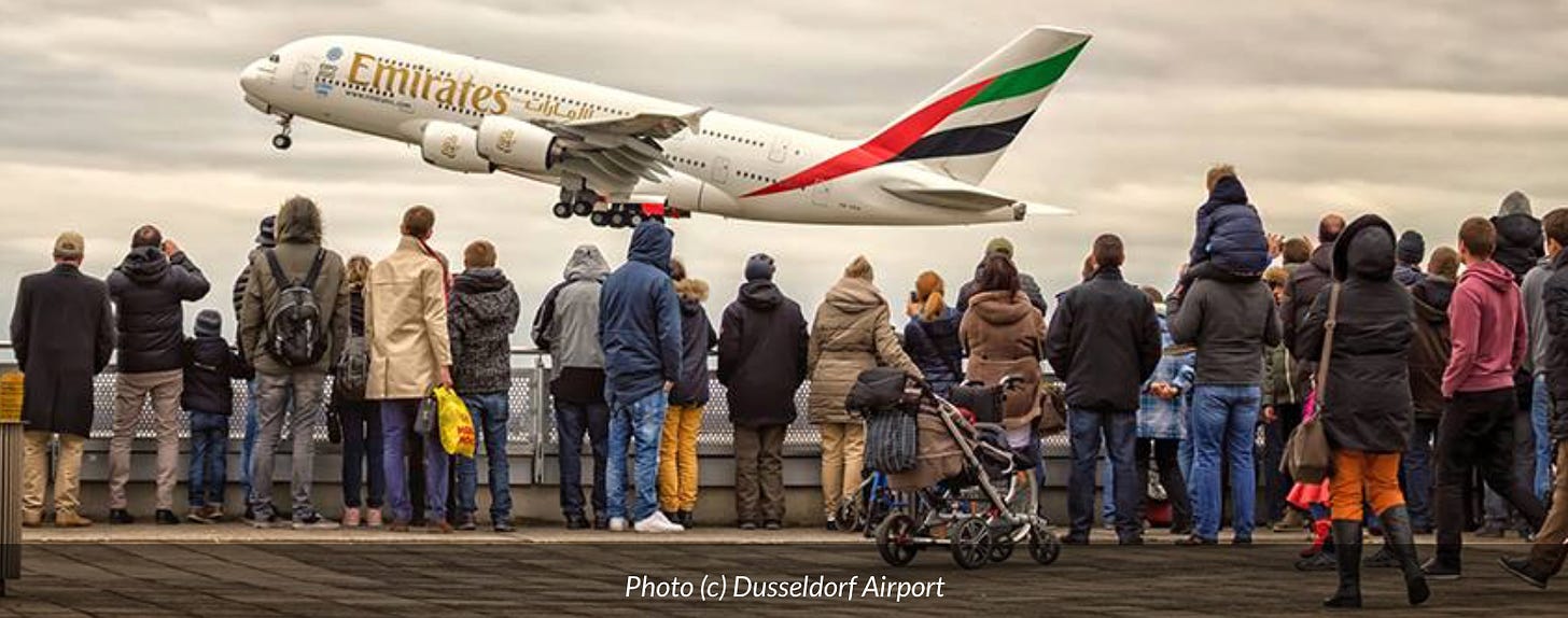 An Emirates aircraft viewed from the observation terrace at Dusseldorf airport
