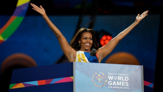 First Lady Michelle Obama declares the 2015 Special Olympics World Games officially open during the opening ceremony at the Los Angeles Memorial Coliseum, Saturday, July 25, 2015, in Los Angeles.