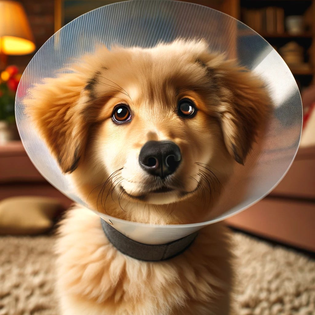 A cute, medium-sized dog wearing a classic Elizabethan collar (cone of shame). The dog has a fluffy golden coat and expressive, brown eyes, appearing slightly comical and endearing with the cone. The background is a cozy living room setting, with a warm, inviting ambiance. The dog should look healthy and well-cared for, sitting comfortably on a soft, plush rug.