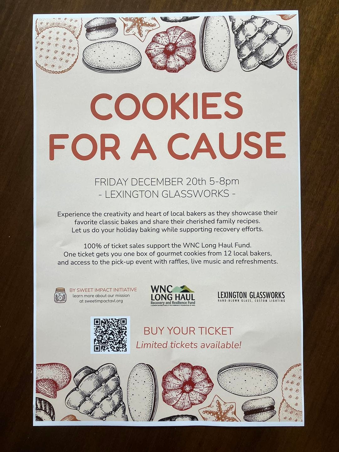 May be an image of oatmeal cookies and text that says 'BOUE မြင့်ြင်မိုယ COOKIES FOR A CAUSE FRIDAY DECEMBER 20th 5-8pm -LEXINGTON GLASSWORKS- Experience the creativity and heart of bakers as showcase their favorite classic and share their cherished family do your holiday baking while supporting recovery efforts. 100% of ticket sales support the WNC Long Haul Fund. One ticket gets you one box gourmet cookies from Local bakers, and access the pick-up event with raffles, live music and refreshments. SWEET IMPACT INITIATIVE learnmers mmissian lsawatmeaztav.og WNC LONG HAUL HccoT හර Reslncoun LEXINGTON GLASSWORKS LIGHTINE BUY YOUR TICKET Limited tickets available! ReI00'