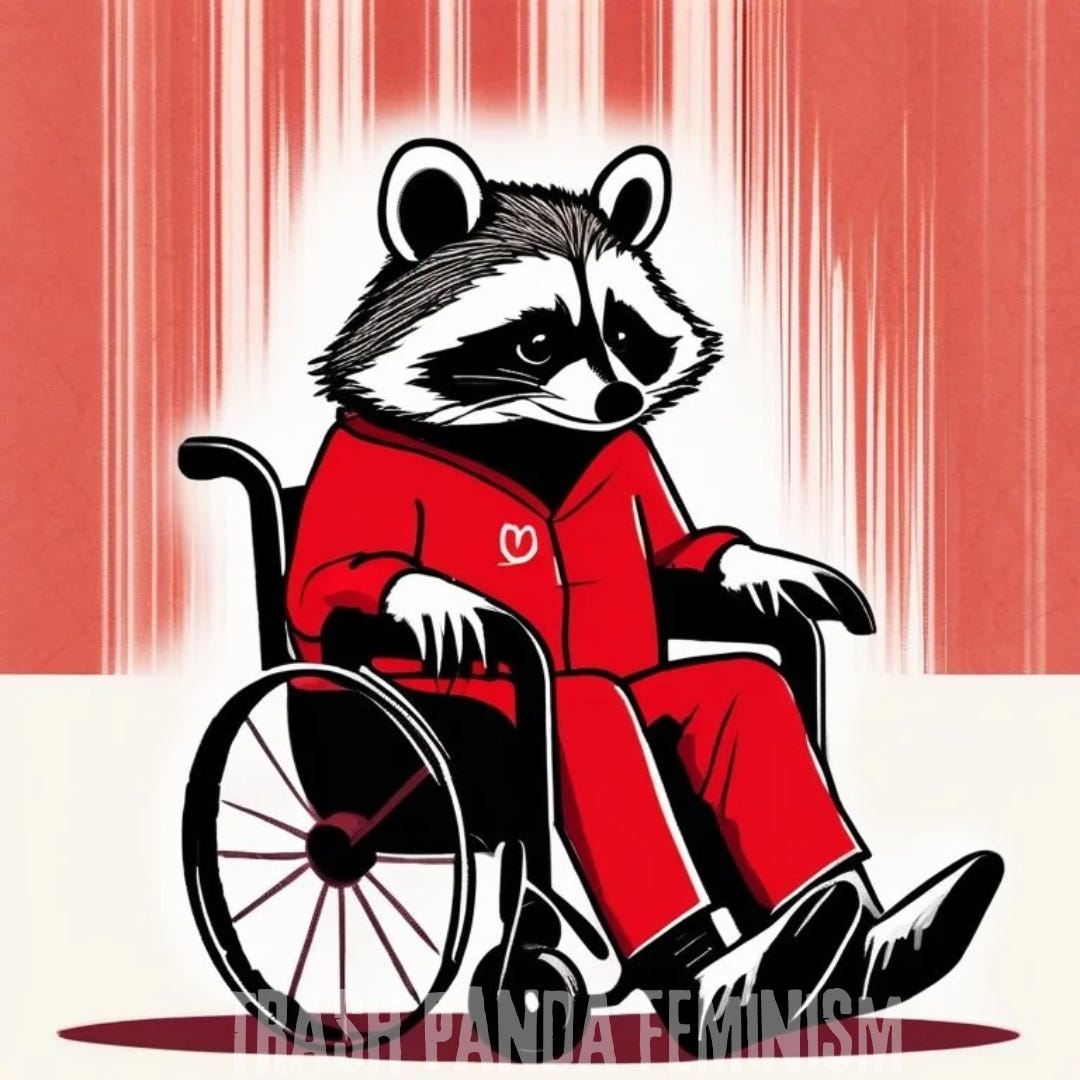 A raccoon wearing a red jumpsuit is using a wheelchair