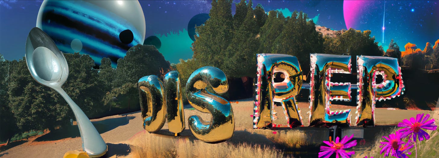 Banner is a surreal digital image of a giant spoon and silver balloons that read “Dis/Rep” in a strange field with magenta flowers. Planets above.
