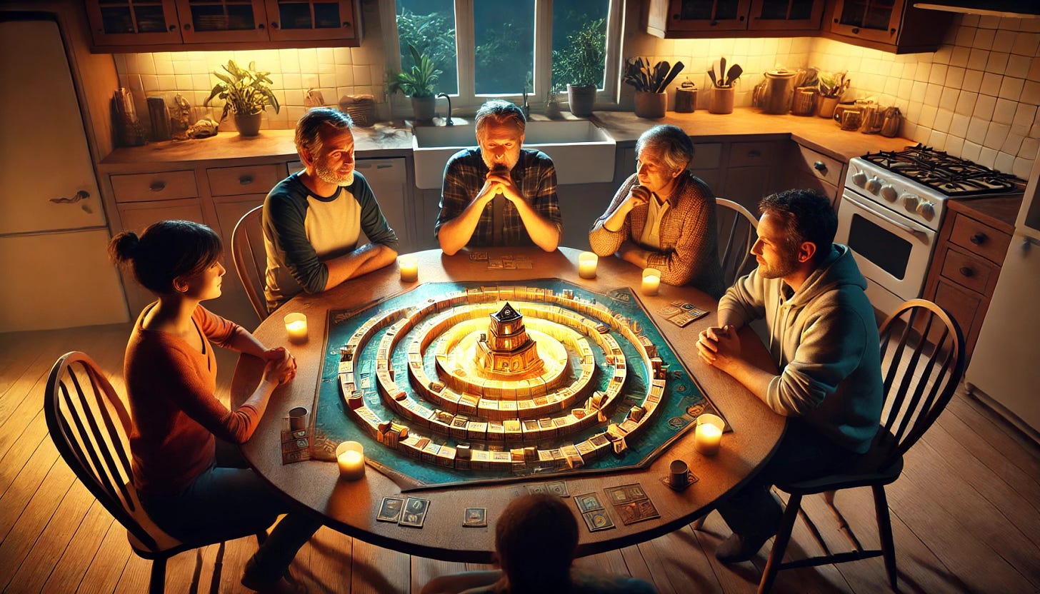 Five people sitting around a round kitchen table. At the center of the table is a gameboard with a spiral pattern and a glowing model of a temple at the center. The temple's glow illuminates the faces of the players who seem rapt with wonder. The kitchen setting is cozy with warm lighting, wooden cabinets, and a window showing a night sky.