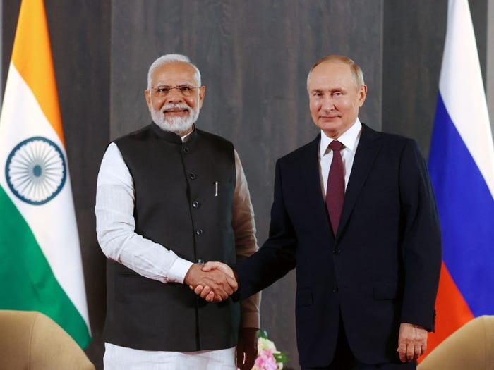 Russian President Vladimir Putin meets with India's Prime Minister Narendra Modi in India in September 2022.