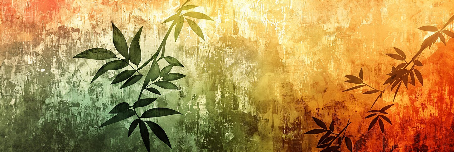 A digital art piece showing the silhouette of bamboo leaves against a textured background. The left side blends green tones into the scene, while the right side transitions into warm oranges and yellows. The gradient effect and bamboo create a serene and natural ambiance.