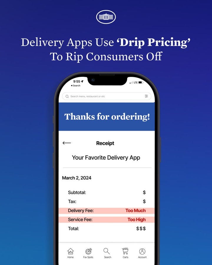 A receipt showing how delivery apps use “drip pricing” to rip consumers off.