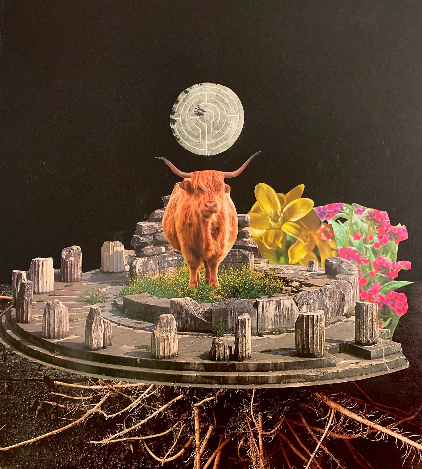 A paper cut collage featuring the ruins of a Greek temple. In the center stands a horned ox or bull, with a labyrinth between its horns. Behind the ruin are yellow and pink flowers and below are large branching roots.