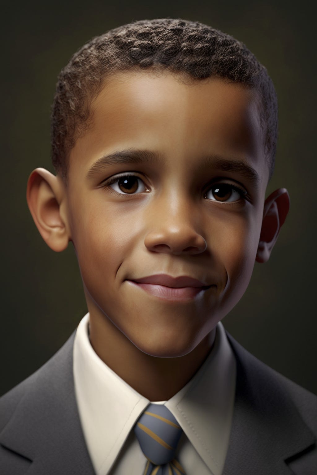 Barack Obama as a kid, portrait, close-up shot, studio photography, volumetric lighting, wearing a suite, smiling, mischievous, realistic, 50mm, expressive, iconic, 4k