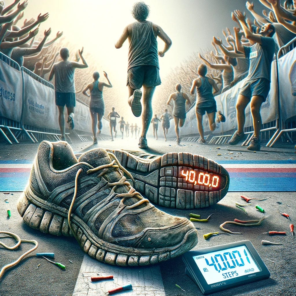 Visualize the culmination of a marathon, focusing on a pair of worn running shoes in the foreground, evidencing the journey of 40,000 steps. These shoes are detailed with scuffs and dirt, showcasing their extensive use. Nearby, a digital step counter brightly displays '40,000' steps, symbolizing the achievement. The background is a dynamic scene of the finish line, with runners in various states of motion, their faces reflecting exhaustion and joy. Spectators line the edges, their hands clapping and cheering, creating an atmosphere of celebration and accomplishment. This image captures the essence of determination, endurance, and triumph.