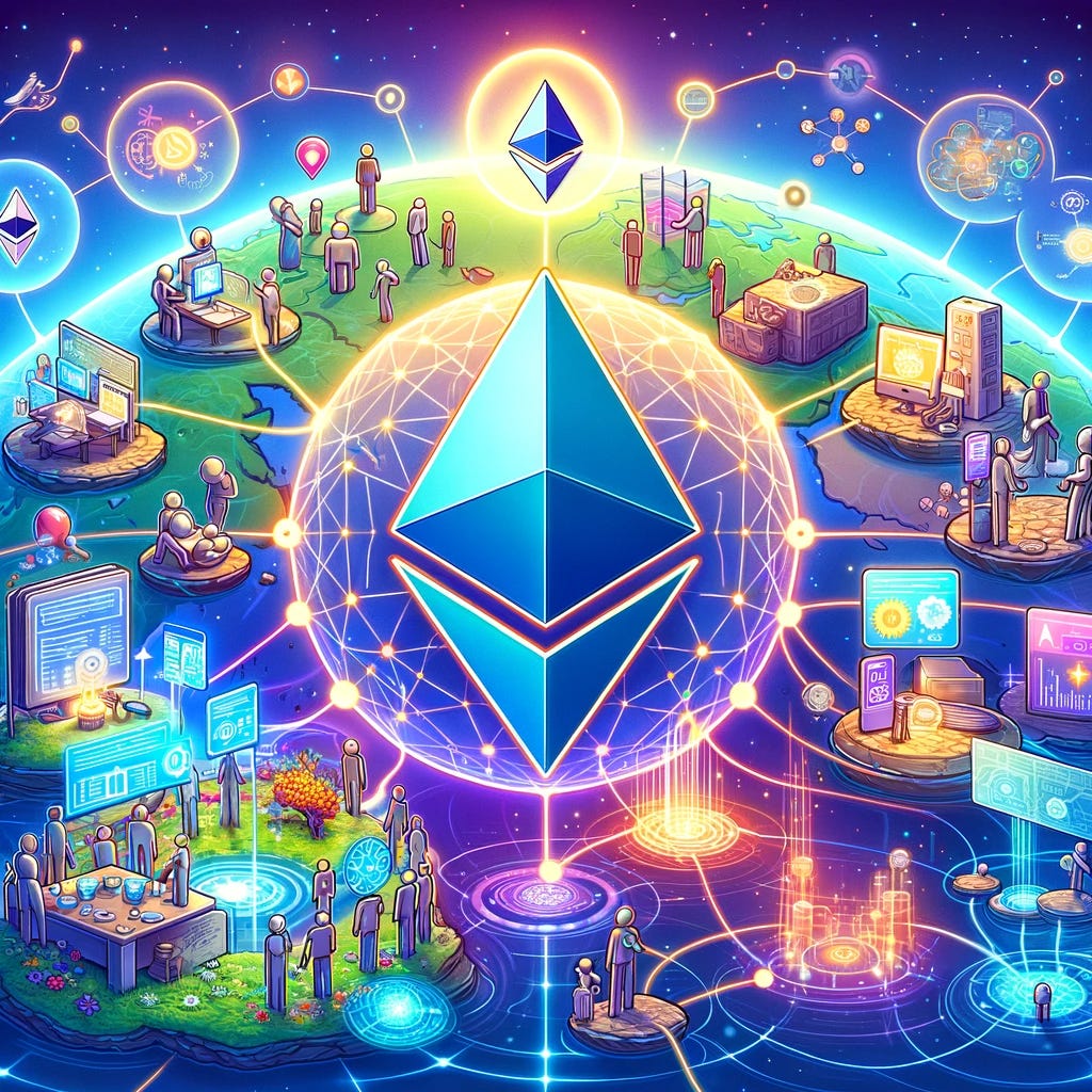 A vibrant, educational illustration that captures the essence of Ethereum for a newsletter. The image should depict a decentralized network of nodes interconnected across the globe, symbolizing the Ethereum blockchain. In the center, a large, glowing Ethereum logo (the diamond-shaped symbol) serves as a focal point. Surrounding the logo, various scenes depict key concepts: smart contracts executing tasks autonomously, a depiction of the Ethereum Virtual Machine (EVM) as a powerful engine processing transactions, and representations of DApps (decentralized applications) in action, showcasing different use cases such as finance, gaming, and art. The overall feel should be futuristic and informative, with a clear emphasis on Ethereum's role as a platform for decentralized applications and smart contracts, all operating in a secure, transparent, and immutable manner.