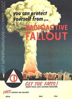 This may contain: an advertisement for the radioactive failout program, with a nuclear explosion in the background
