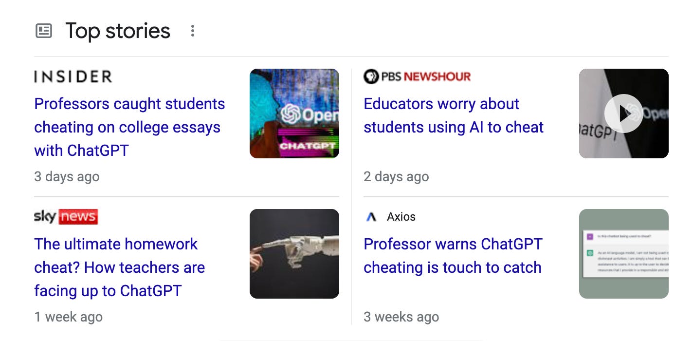 Pics of headlines about fears of cheating using ChatGPT