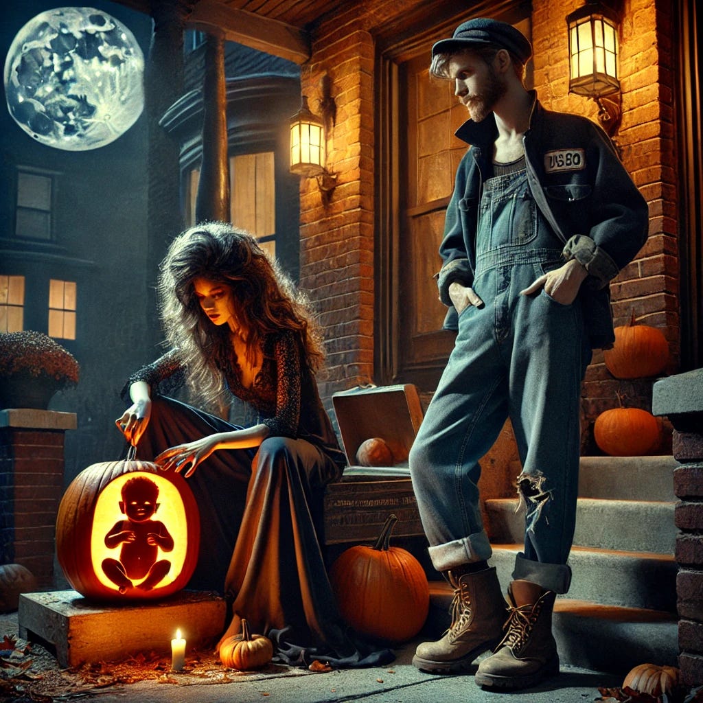 A scene featuring a witch-like woman carving a pumpkin on the front porch of a brick townhouse under moonlight. The woman wears dark, flowing clothing, with long, wild hair. The pumpkin she is carving features the design of an infant child. Nearby, a blue-collar neighbor, dressed in work boots, a rugged work jacket, jeans, and a cap, stands casually, watching the carving. His attire reflects a working-class background. The setting is eerie but warm, with glowing lanterns and shadows cast by the moon. The brick townhouse porch is decorated with pumpkins and autumn leaves.