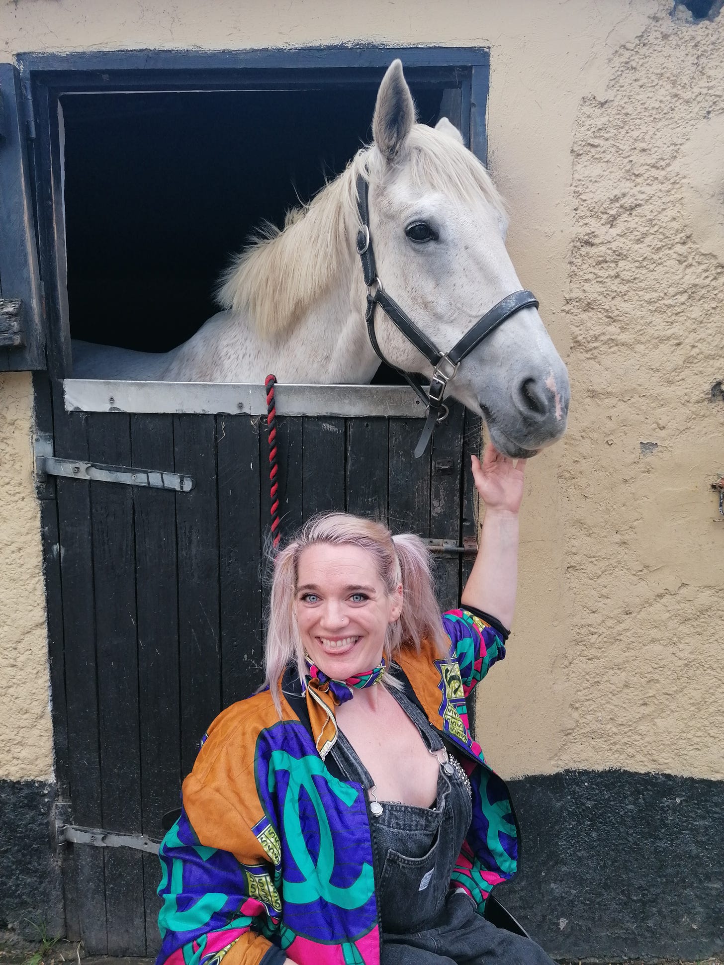 Wearing my long blonde hair in pigtails, and donning a pair of denim dungarees and a colourful bomber jacket, I reach up to pet the nuzzle of grey pony whose head peers over a stable door. 