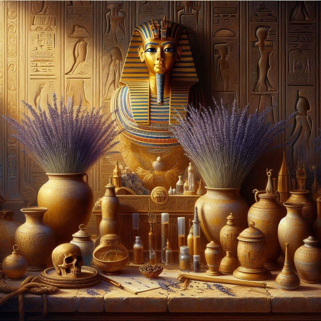 A realistic still life painting of the interior of Tutankhamun’s tomb with a few dried lavender flowers and many jars
