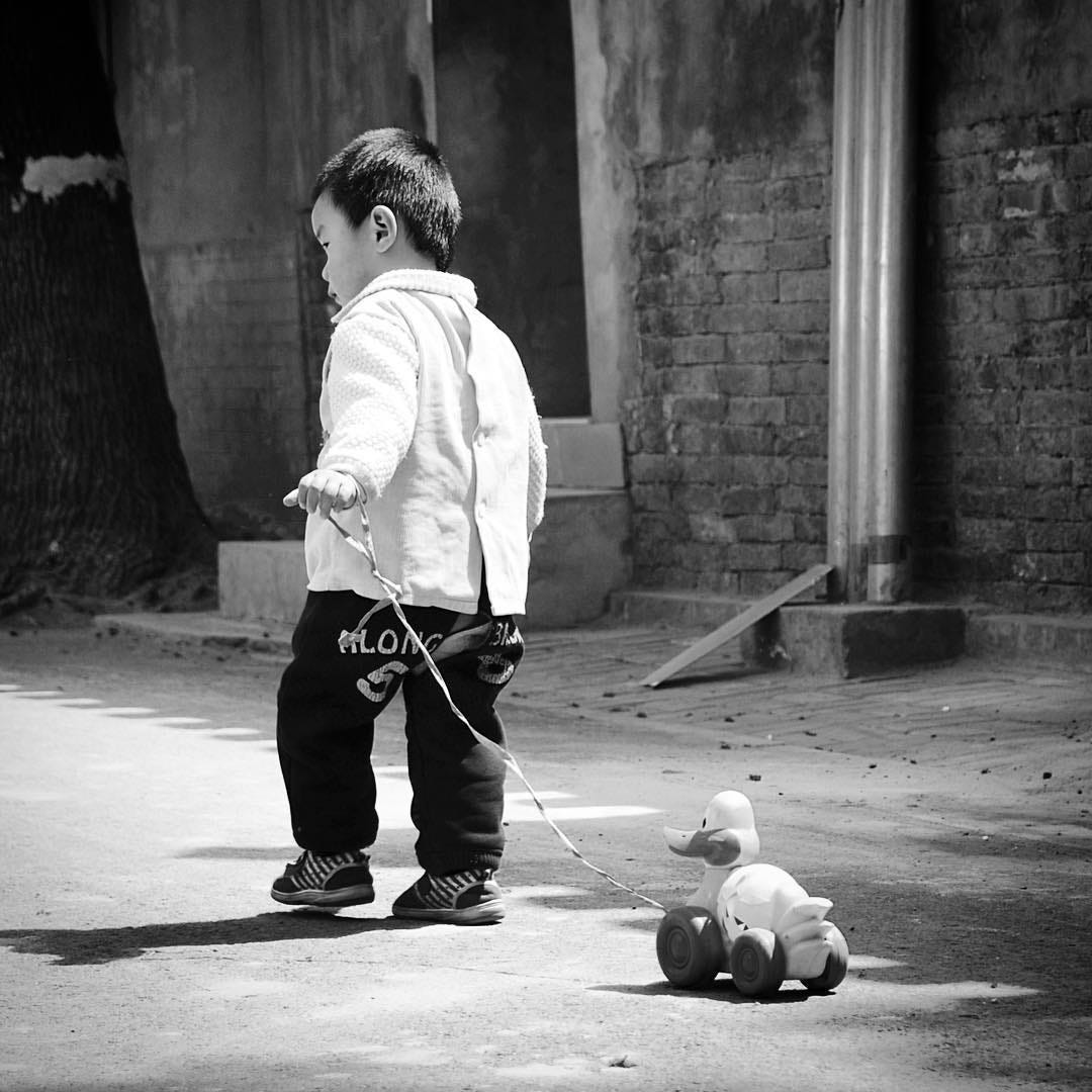 Young boy takes a stroll with his pull-along duck companion in a Beijing hutong.