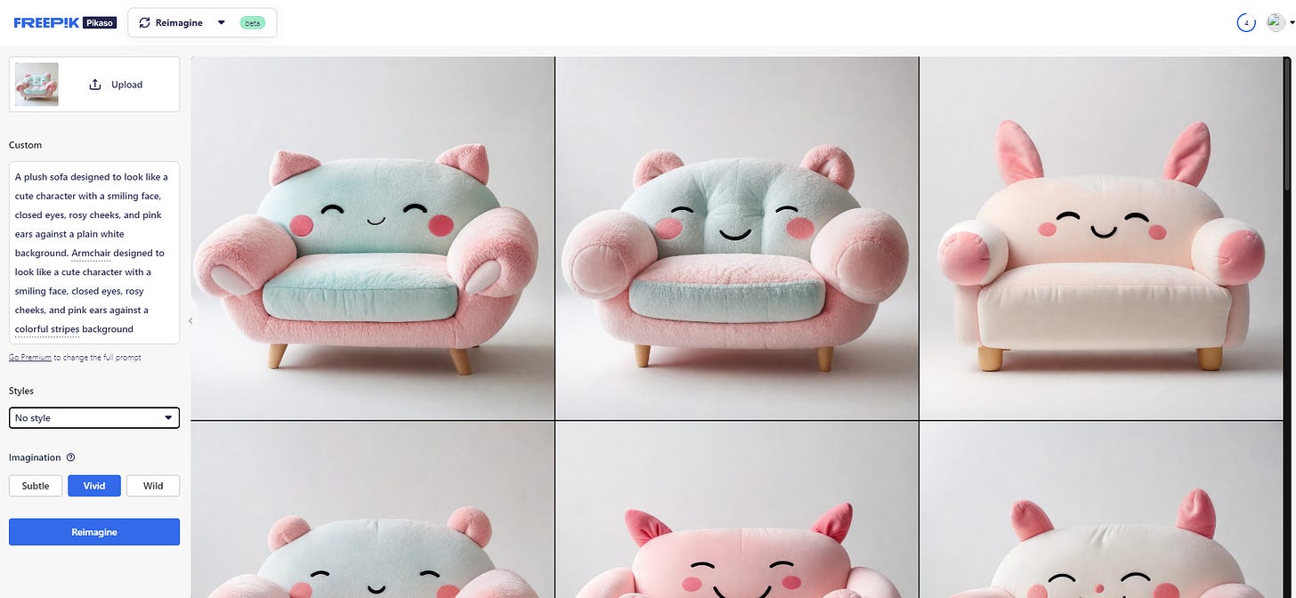 Variations of a kawaii-style sofa by Freepik Reimagine