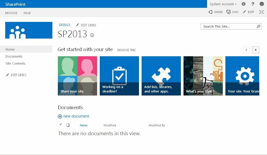 SharePoint 2013 site collection default home page. Thanks to kentd.com