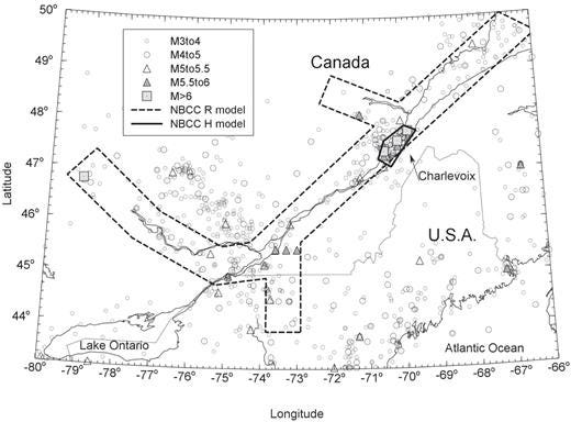 ▴ Seismicity of southeastern Canada and northeastern U.S.A. and two alternative seismic source zones for the St. Lawrence Valley. Dashed lines outline Iapetan rift features used in the Rift (R) model and solid lines outline active Charlevoix seismic zone used in the Historic (H) model (NBCC 2005). Other source zones of NBCC model are not shown. Seismicity includes all historical earthquakes of M > 3 in Geological Survey of Canada earthquake catalog.