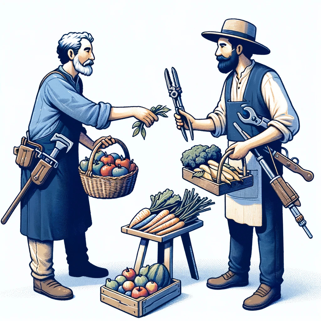 An illustration of two individuals in a traditional market setting, engaged in bartering. One individual is a farmer holding a basket of fresh fruits and vegetables, offering them to the other person. The other individual is a craftsman holding a set of handcrafted tools, ready to exchange them for the produce. They are in the middle of a transaction, where the craftsman is trading his tools for the farmer's fruits and vegetables, illustrating a clear barter exchange without using money.