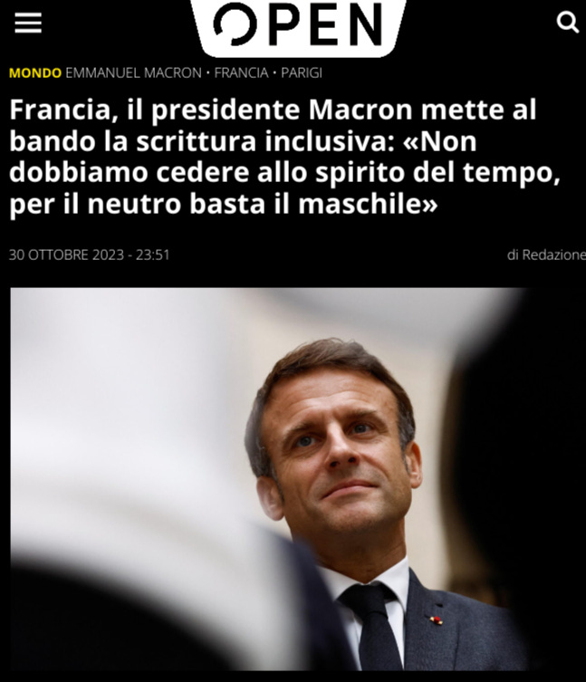Open: "Francia, il presidente Macron mette al bando la scrittura inclusiva"